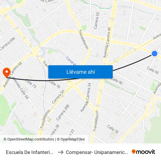 Escuela De Infantería (Ac 100 - Kr 11a) (B) to Compensar- Unipanamericana Fundacion Universitaria map