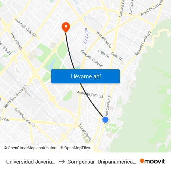 Universidad Javeriana (Ak 7 - Cl 40) (B) to Compensar- Unipanamericana Fundacion Universitaria map