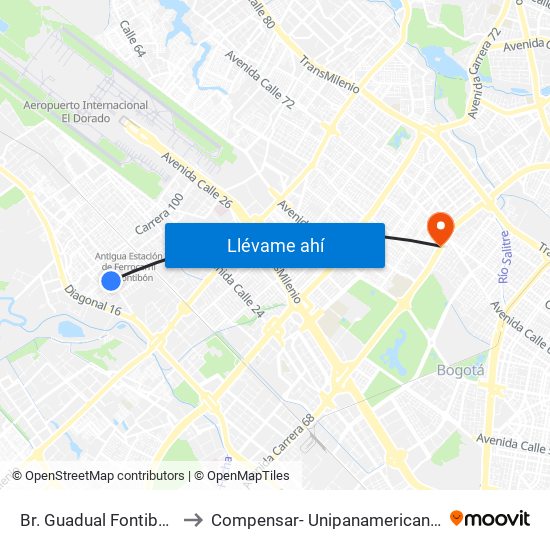 Br. Guadual Fontibón (Cl 17 - Kr 96h) to Compensar- Unipanamericana Fundacion Universitaria map