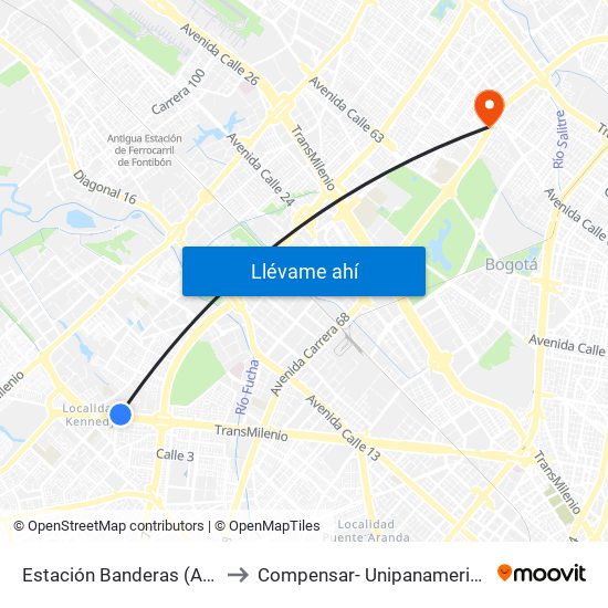 Estación Banderas (Av. Américas - Kr 78a) (A) to Compensar- Unipanamericana Fundacion Universitaria map