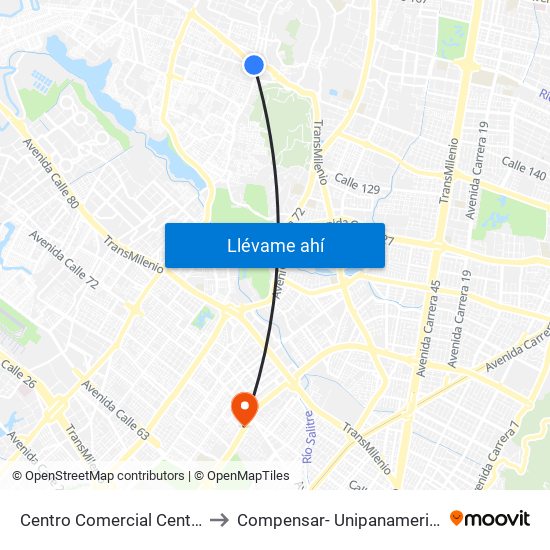 Centro Comercial Centro Suba (Av. Suba - Kr 91) to Compensar- Unipanamericana Fundacion Universitaria map