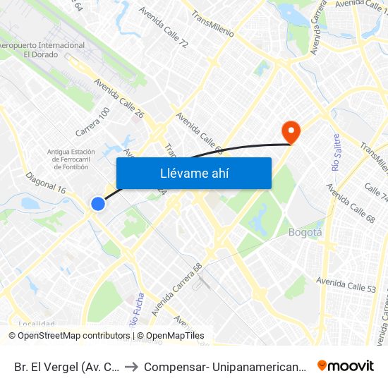 Br. El Vergel (Av. C. De Cali - Cl 18) to Compensar- Unipanamericana Fundacion Universitaria map