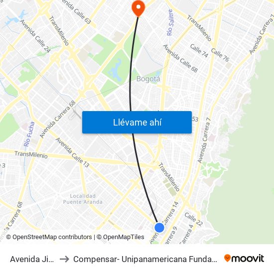 Avenida Jiménez to Compensar- Unipanamericana Fundacion Universitaria map