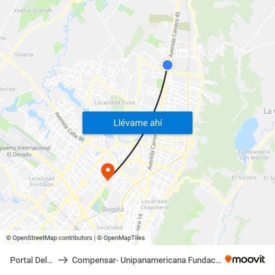Portal Del Norte to Compensar- Unipanamericana Fundacion Universitaria map
