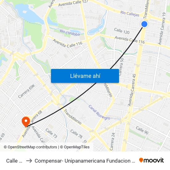 Calle 127 to Compensar- Unipanamericana Fundacion Universitaria map