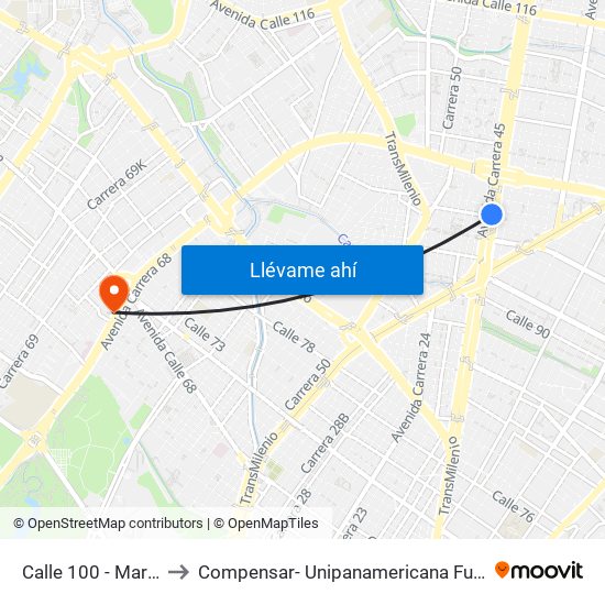 Calle 100 - Marketmedios to Compensar- Unipanamericana Fundacion Universitaria map