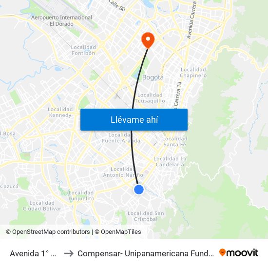 Avenida 1° De Mayo to Compensar- Unipanamericana Fundacion Universitaria map