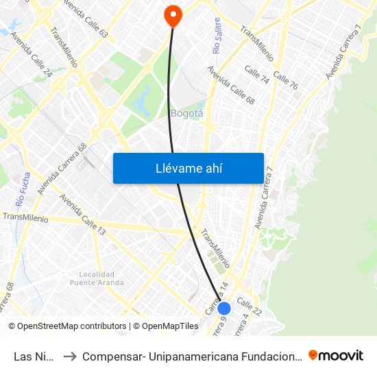 Las Nieves to Compensar- Unipanamericana Fundacion Universitaria map