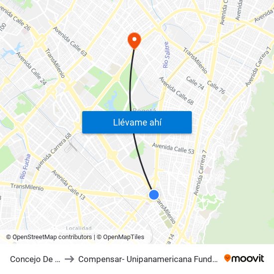 Concejo De Bogotá to Compensar- Unipanamericana Fundacion Universitaria map