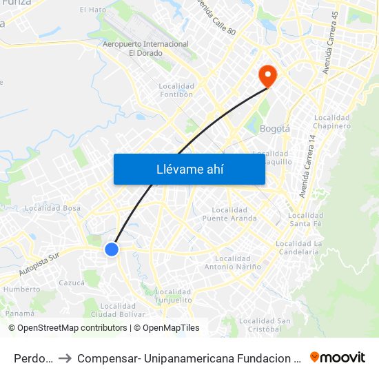 Perdomo to Compensar- Unipanamericana Fundacion Universitaria map