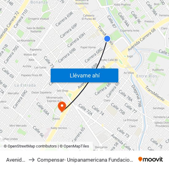 Avenida 68 to Compensar- Unipanamericana Fundacion Universitaria map
