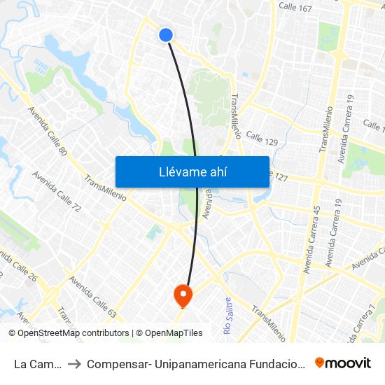 La Campiña to Compensar- Unipanamericana Fundacion Universitaria map