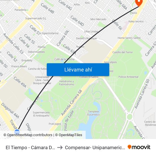 El Tiempo - Cámara De Comercio De Bogotá to Compensar- Unipanamericana Fundacion Universitaria map