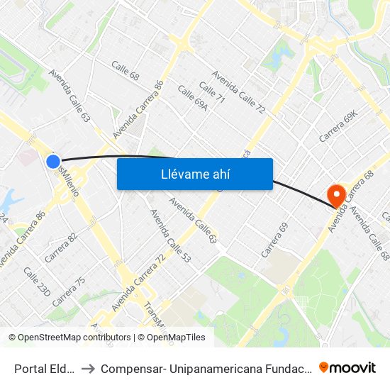 Portal Eldorado to Compensar- Unipanamericana Fundacion Universitaria map