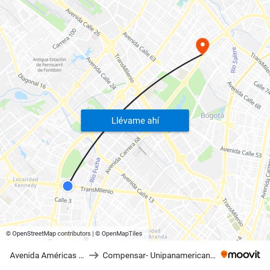 Avenida Américas - Avenida Boyacá to Compensar- Unipanamericana Fundacion Universitaria map