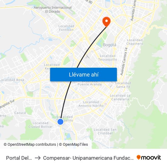 Portal Del Tunal to Compensar- Unipanamericana Fundacion Universitaria map