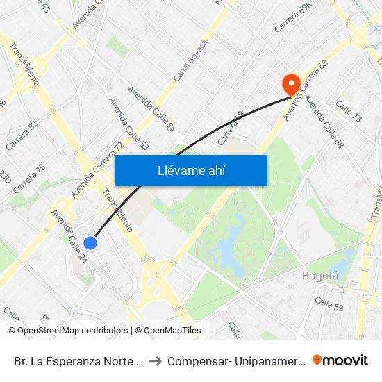 Br. La Esperanza Norte (Av. La Esperanza - Kr 69d) to Compensar- Unipanamericana Fundacion Universitaria map