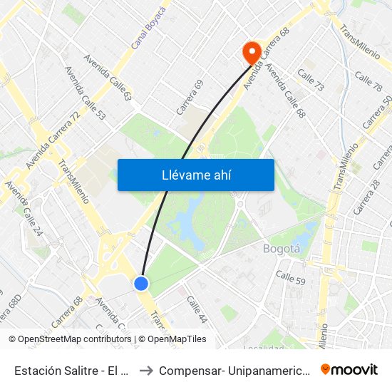 Estación Salitre - El Greco (Ac 26 - Ak 68) to Compensar- Unipanamericana Fundacion Universitaria map