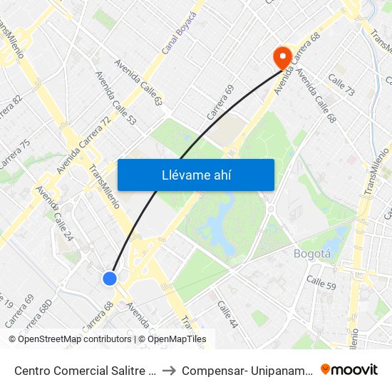 Centro Comercial Salitre Plaza (Av. La Esperanza - Kr 68a) to Compensar- Unipanamericana Fundacion Universitaria map