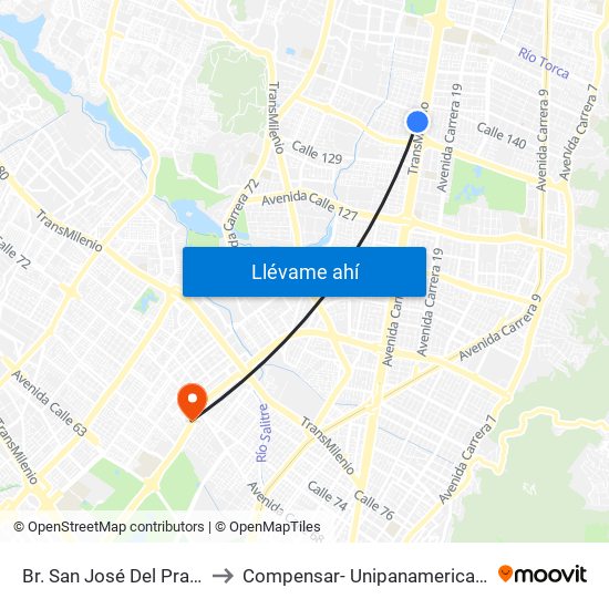 Br. San José Del Prado (Kr 45a - Cl 137) to Compensar- Unipanamericana Fundacion Universitaria map