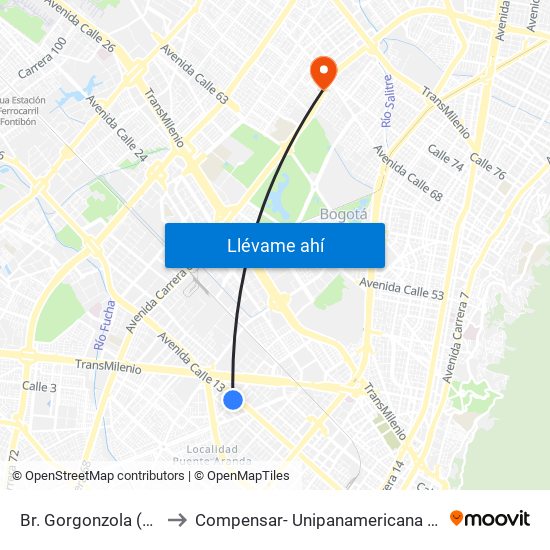 Br. Gorgonzola (Kr 43 - Cl 12b) to Compensar- Unipanamericana Fundacion Universitaria map