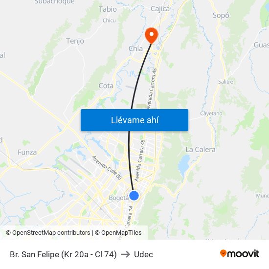 Br. San Felipe (Kr 20a - Cl 74) to Udec map