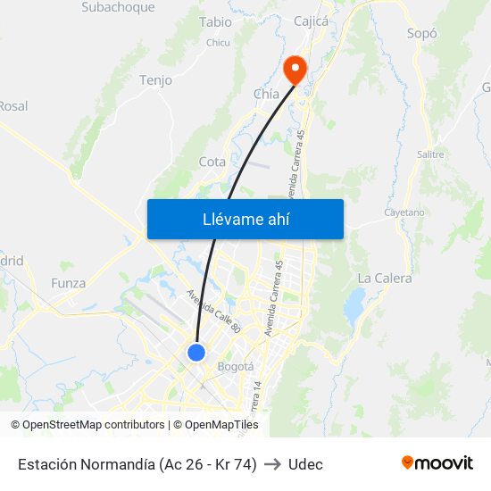 Estación Normandía (Ac 26 - Kr 74) to Udec map