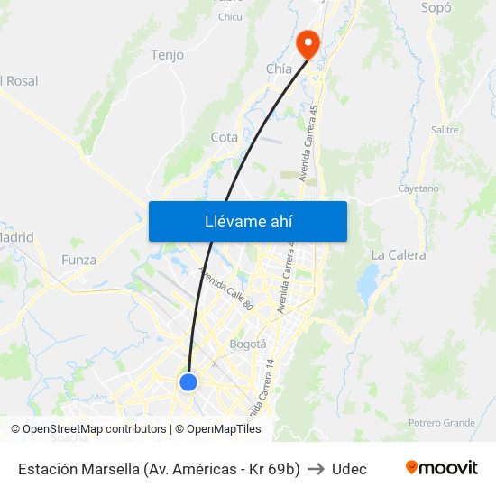 Estación Marsella (Av. Américas - Kr 69b) to Udec map