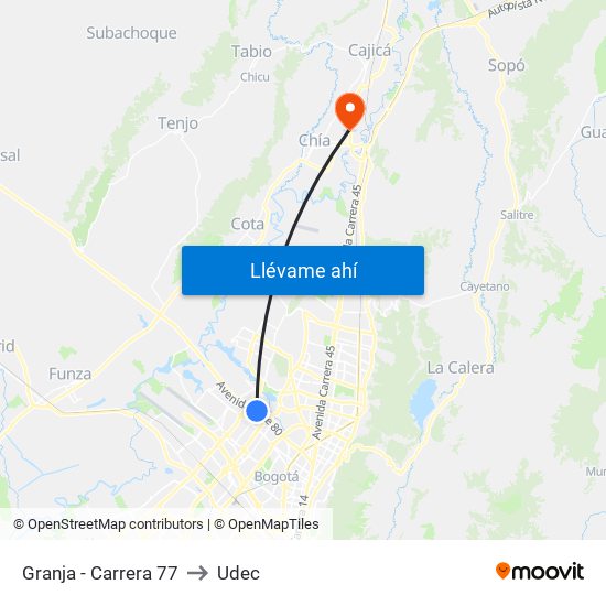 Granja - Carrera 77 to Udec map