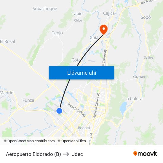 Aeropuerto Eldorado (B) to Udec map