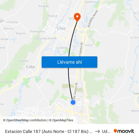 Estación Calle 187 (Auto Norte - Cl 187 Bis) (A) to Udec map