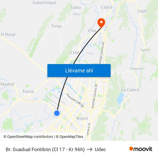 Br. Guadual Fontibón (Cl 17 - Kr 96h) to Udec map