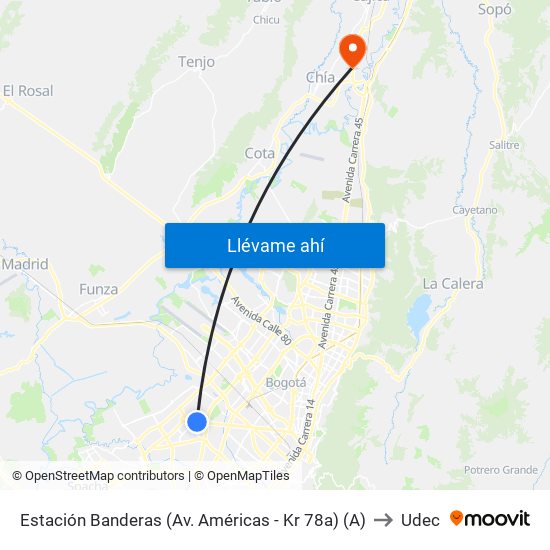 Estación Banderas (Av. Américas - Kr 78a) (A) to Udec map