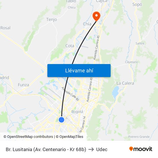 Br. Lusitania (Av. Centenario - Kr 68b) to Udec map