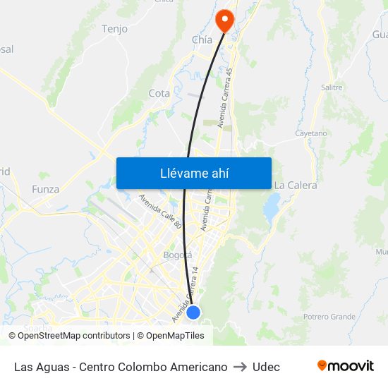 Las Aguas - Centro Colombo Americano to Udec map