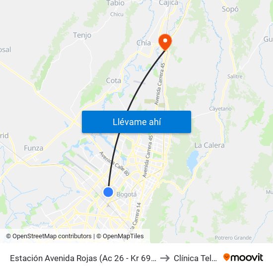 Estación Avenida Rojas (Ac 26 - Kr 69d Bis) (B) to Clínica Teleton map