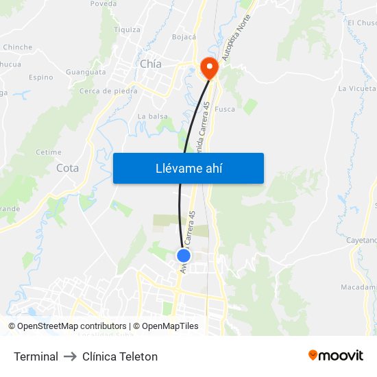 Terminal to Clínica Teleton map