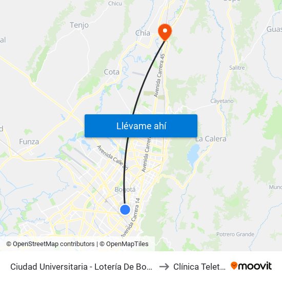 Ciudad Universitaria - Lotería De Bogotá to Clínica Teleton map