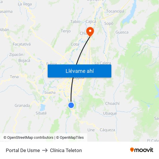 Portal De Usme to Clínica Teleton map