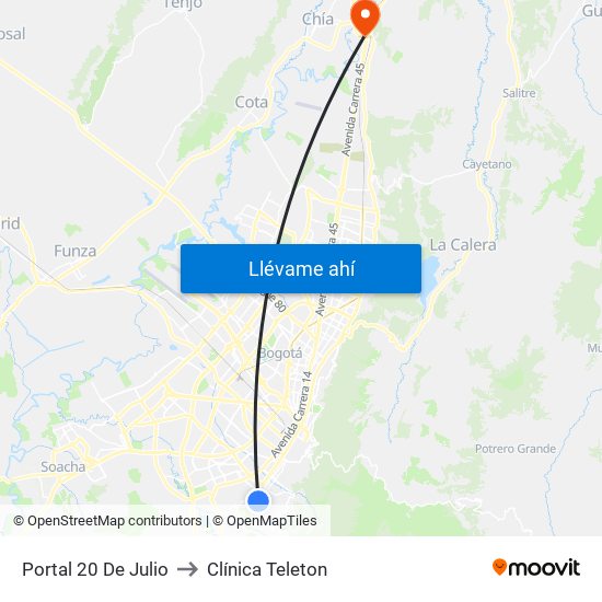 Portal 20 De Julio to Clínica Teleton map