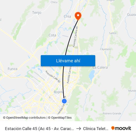 Estación Calle 45 (Ac 45 - Av. Caracas) to Clínica Teleton map