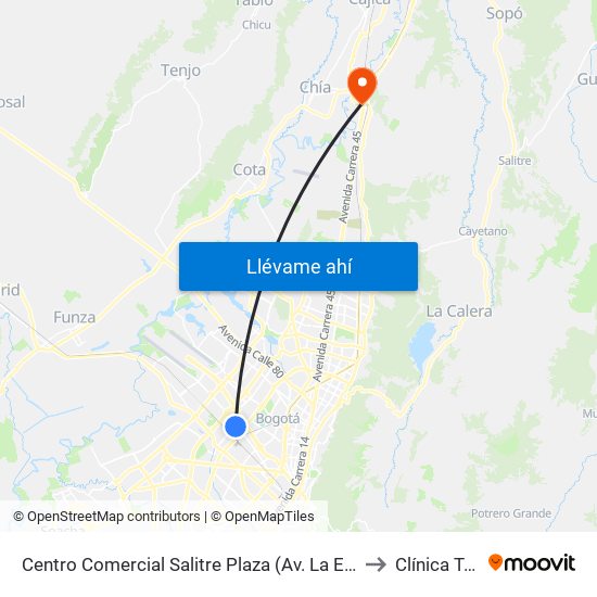 Centro Comercial Salitre Plaza (Av. La Esperanza - Kr 68b) to Clínica Teleton map