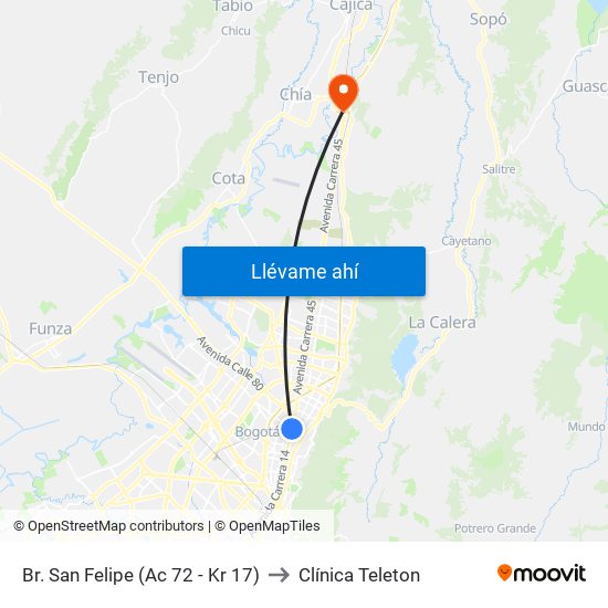 Br. San Felipe (Ac 72 - Kr 17) to Clínica Teleton map