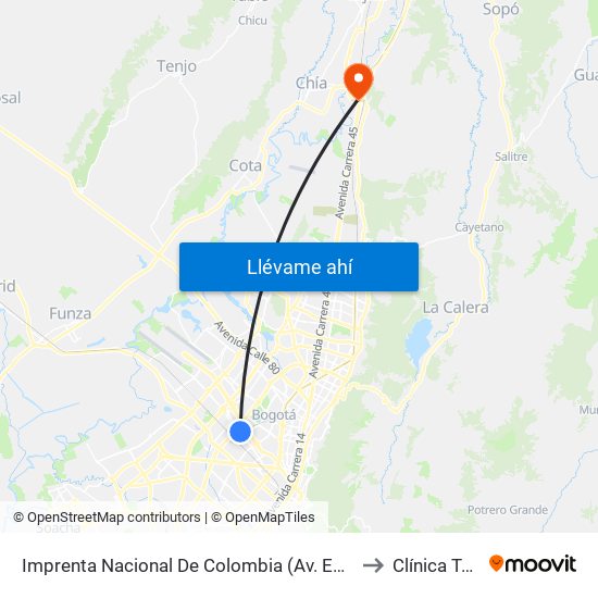 Imprenta Nacional De Colombia (Av. Esperanza - Kr 66) to Clínica Teleton map