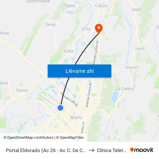 Portal Eldorado (Ac 26 - Av. C. De Cali) to Clínica Teleton map