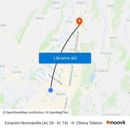 Estación Normandía (Ac 26 - Kr 74) to Clínica Teleton map