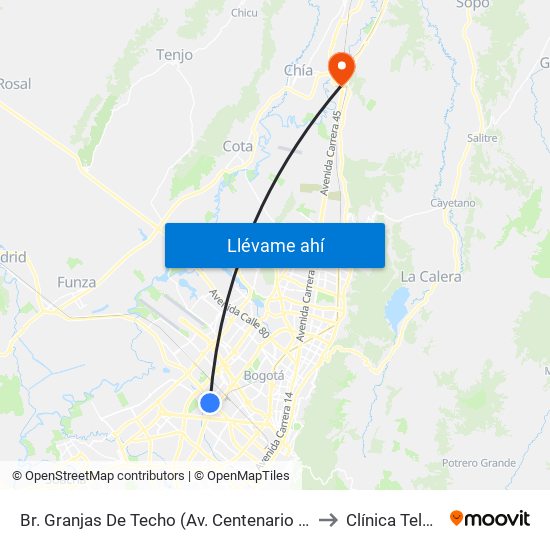 Br. Granjas De Techo (Av. Centenario - Kr 65) to Clínica Teleton map