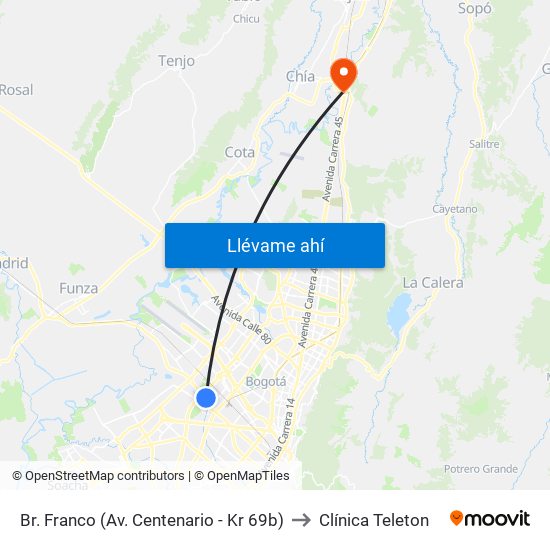 Br. Franco (Av. Centenario - Kr 69b) to Clínica Teleton map