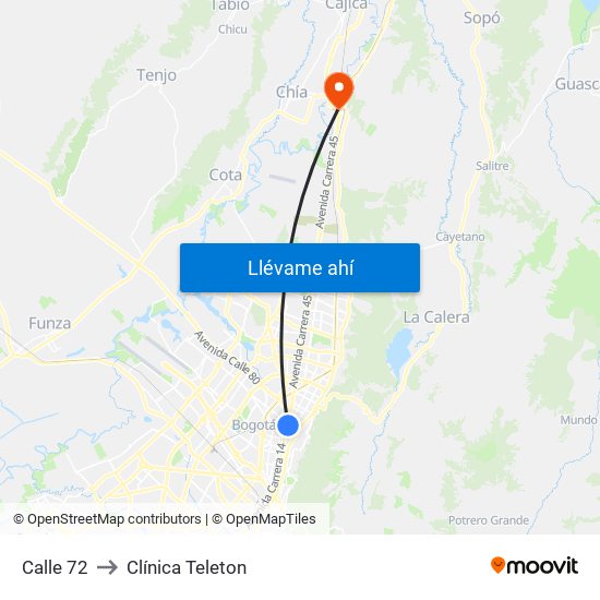 Calle 72 to Clínica Teleton map