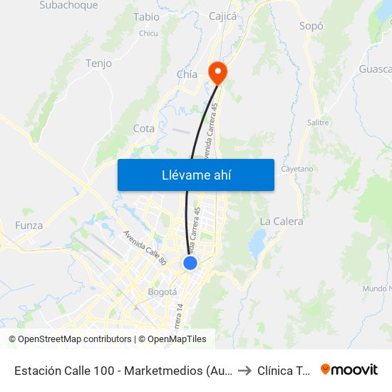 Estación Calle 100 - Marketmedios (Auto Norte - Cl 98) to Clínica Teleton map